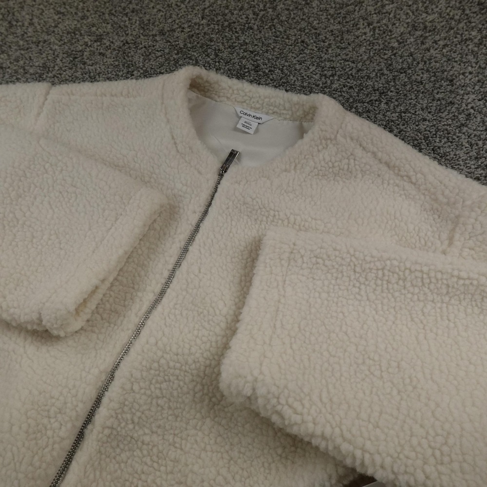 NEW Calvin Klein Jacket Woemns L‎ White Sherpa Fleece Full Zip Teddy Bomber Coat